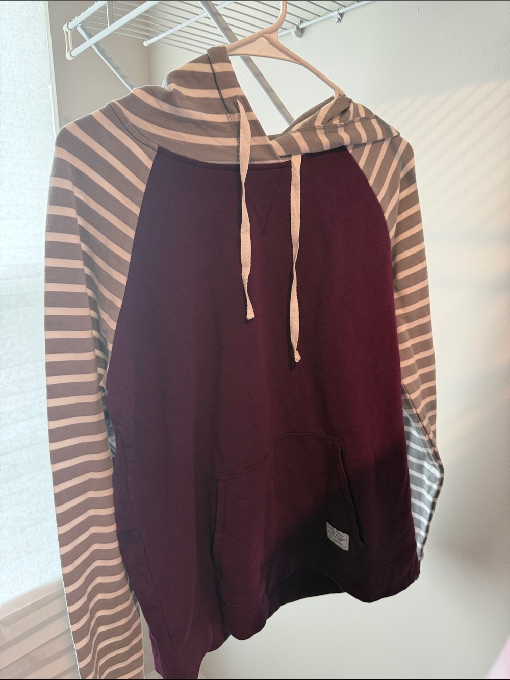 Orvis Maroon Hoodie with Gray-White Striped Sleeves